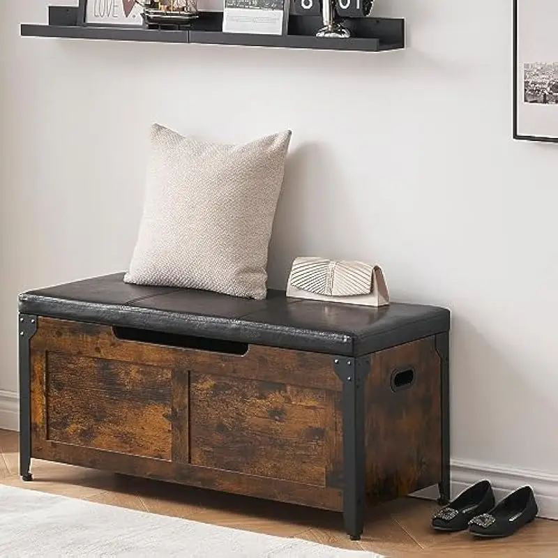 39.4 inch rustic brown engineered wood storage bench with metal frame modern design smooth hinges ample interior space side hand