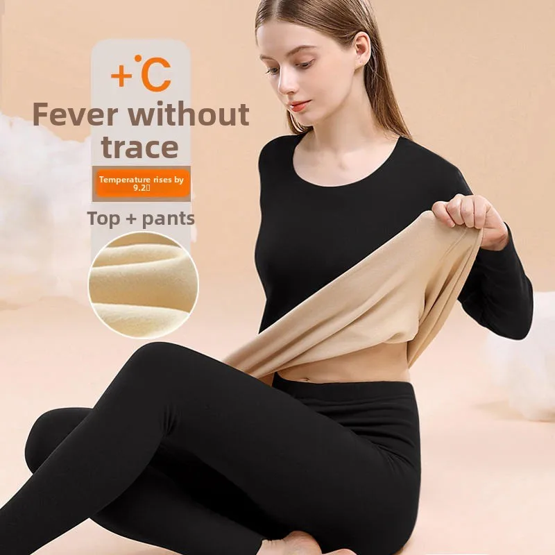 Seamless Women's Thermal Set Round Neck Thick Stretch Winter Thermal Underwear 2pcs Sets Tops Bottoming Warmth Lingerie Clothing