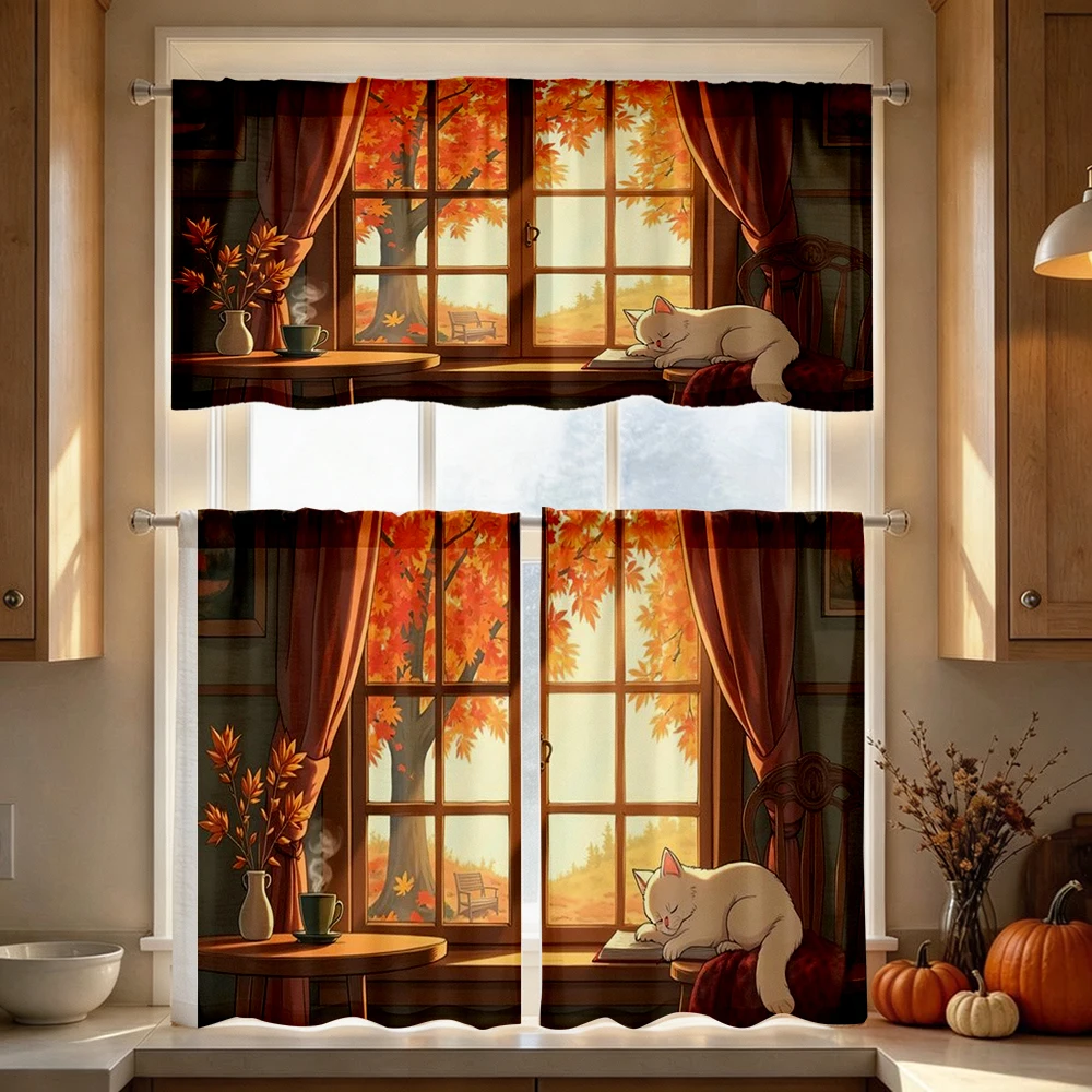 Fall Kitchen Curtains, Window Cat Autumn Scene View, Digital Print, Kitchen Dining Room, Rod Pocket Polyester, Home Decor
