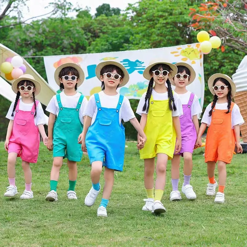 Hip Hop enfants solide salopette bretelles Shorts filles salopette enfants couleur bonbon combinaison courte barboteuse garçons Streetwear pantalon