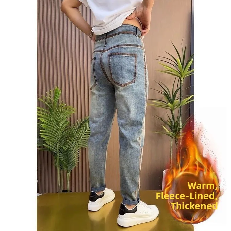 

Men's Fce Lined Thiened Straight Leg Jeans Winter Warm Casual Trousers Blue Waed Denim Elastic Waist ular Sle
