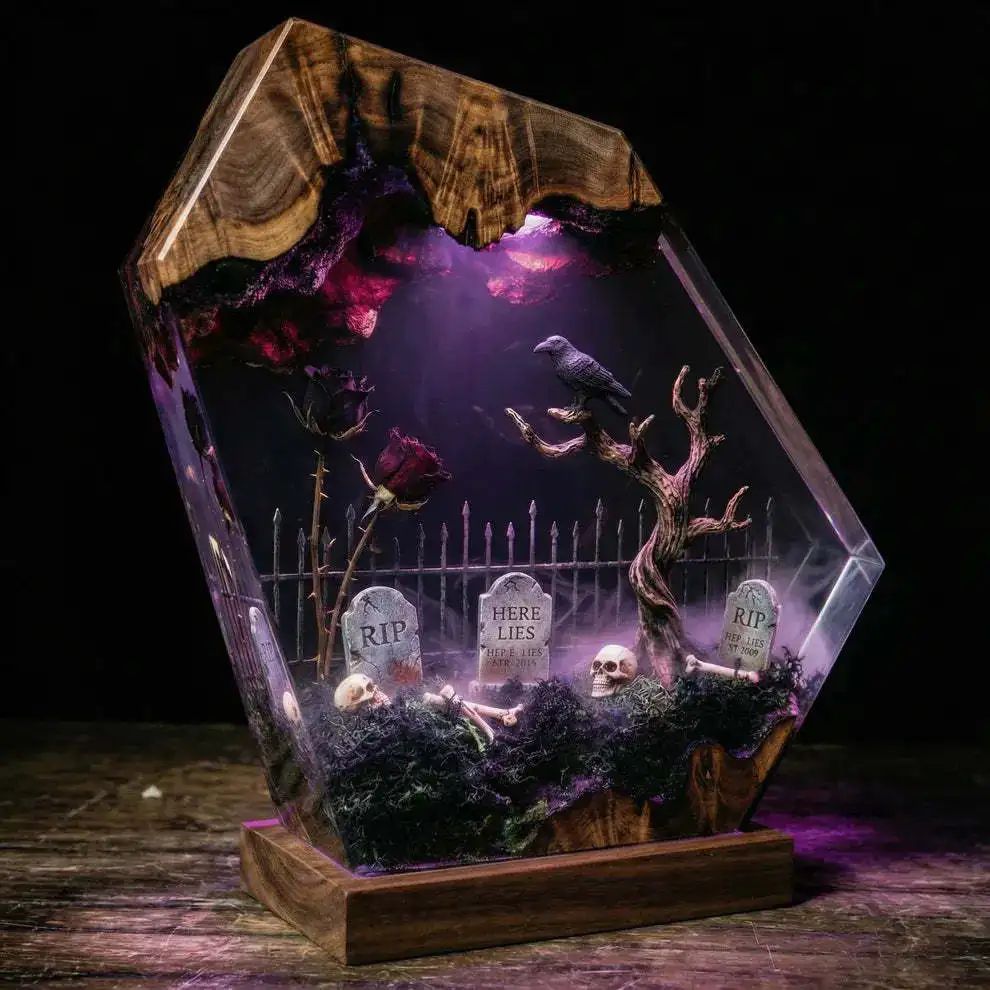 Creative Dark Tomb Tombstone Skeleton Withered Tree Epoxy Resin Lamp Desktop Atmosphere Ornament Halloween Gift