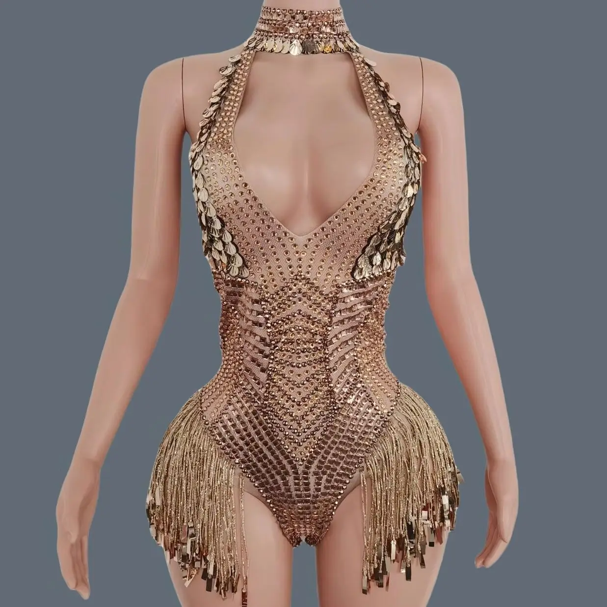 

Golden Shell Tassel Sparkly Deep V Neck Bodysuit for Women Bar Nightclub Stage Performance Outfit Sexy girls Leotard Jinbaobei