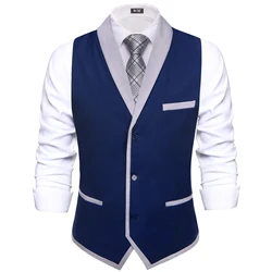 Hi-tie Navy Blue Grey Shawl Jacquard Collar Suit Vest Slim Fit Waistcoat for Wedding Groomsmen V-Neck Tuxedo Sleeveless Jacket