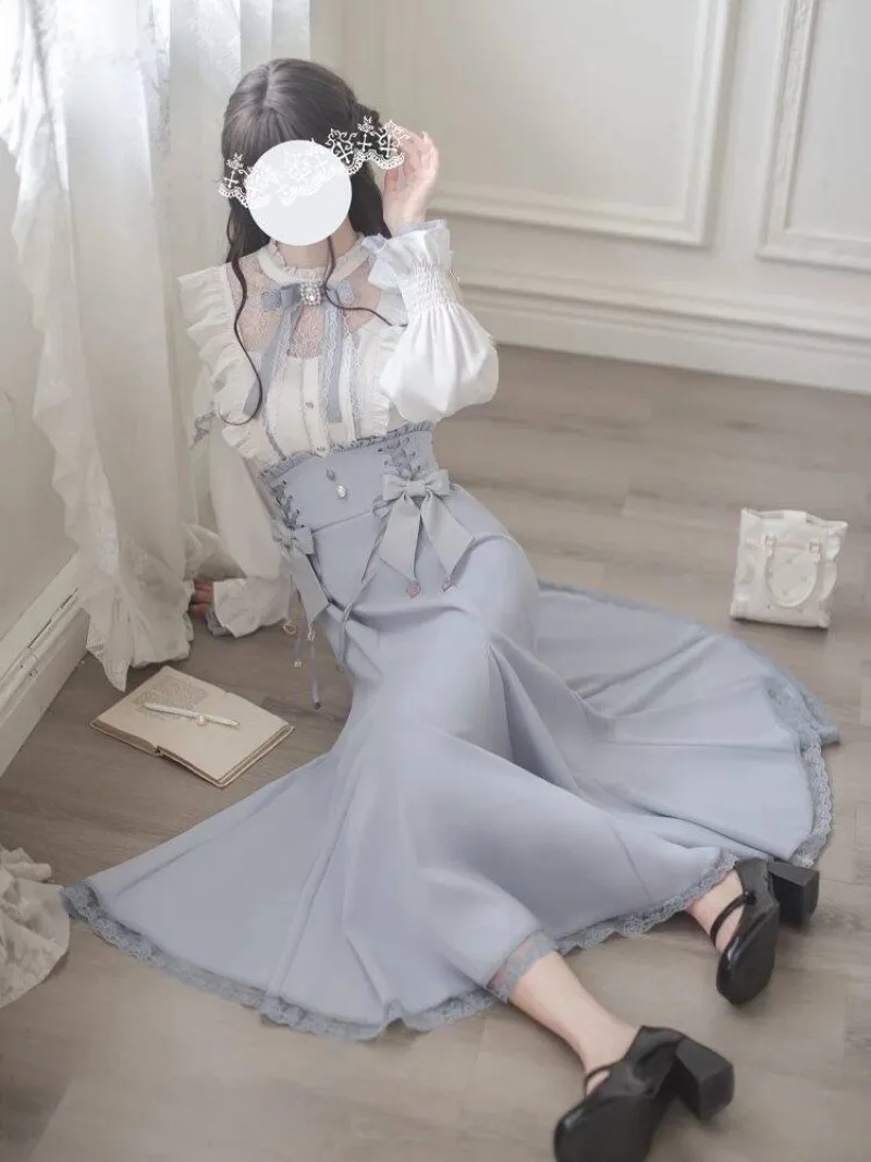 

Japanese Lolita Sweet Cute Gentle Wind Bow Elegant Strap Up Shirt+Fish Tail Skirt Two Piece Sets Womens Outifits Chic Clothes