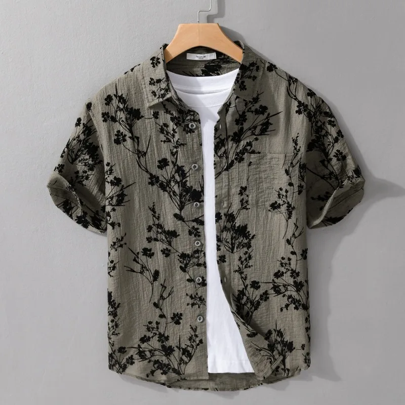 Men's Vintage Floral Jacquard Short Sleeve Shirt Loose Casual Summer Blouse
