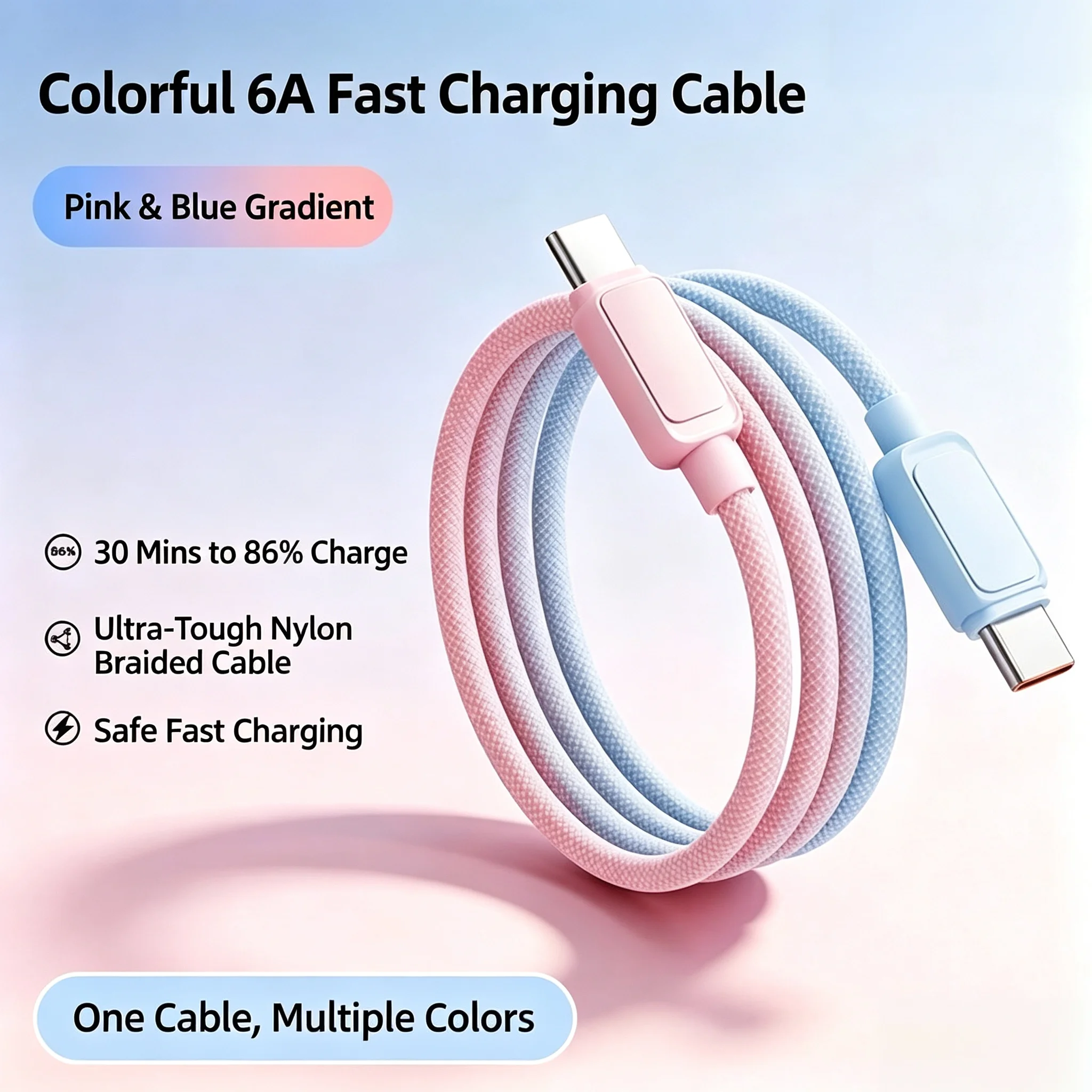 Pink Blue Gradient Braided Type C to Type C Cable, 6A Fast Charging, Tough Nylon Braided Charger Cord for Phone