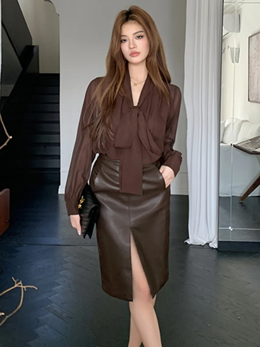 Damen Vintage-Chiffon-Bluse, lässiges Arbeitsoberteil, elegantes, lockeres Chiffon-Business-Hemd mit Schleife