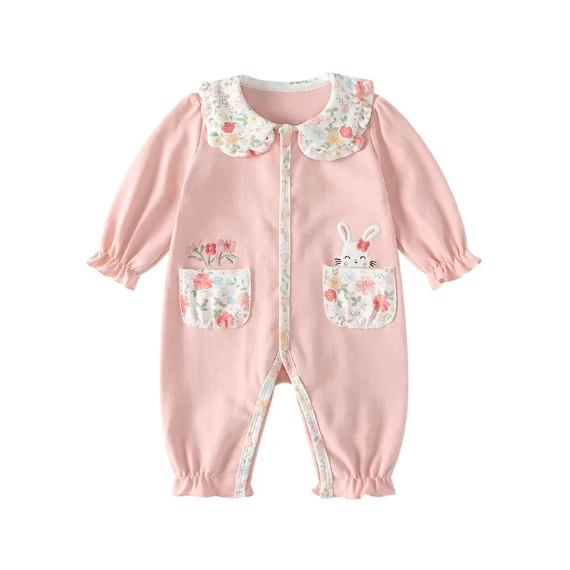 Newborn Baby Girl Cute Long Sleeve Romper Sweet Floral Bunny Pattern Ruffled Cuffs Snap Closure Cotton Jumpsuit for 0-1 Years