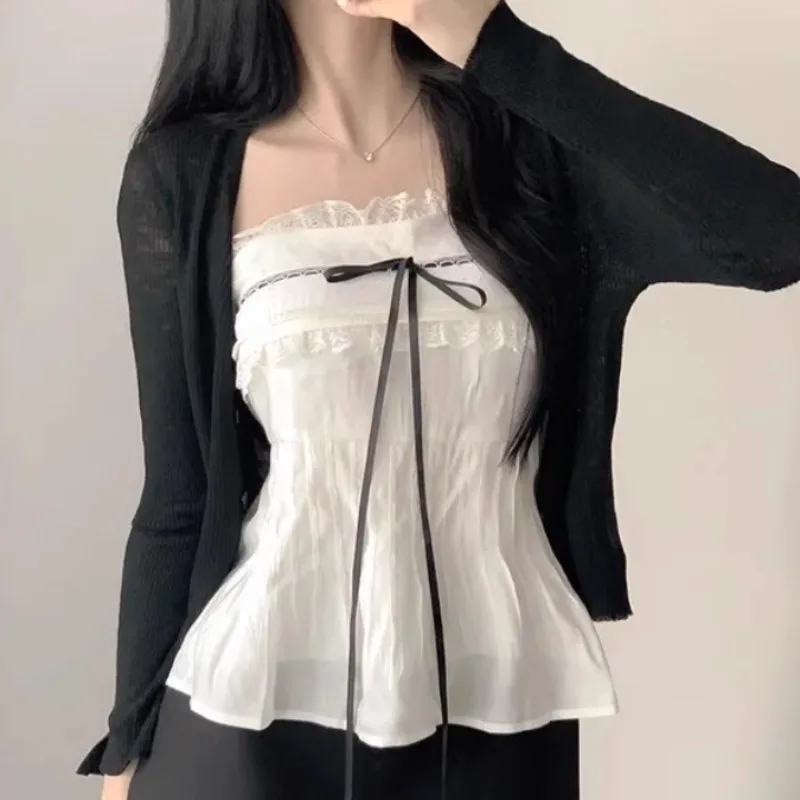 한국 시크 레이스 패치워크 캐미솔 여성 여름 스윗 보우 얇은 밴도 탑 여성 Y2k 오프숄더 캐주얼 의류 2025 신상