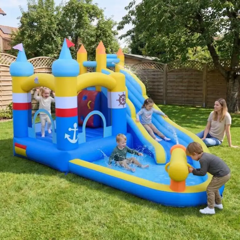 Aufblasbare Hüpfburg für Kinder mit Planschbecken, Wasserkanone, Kletterwand, Ozeanbällen, Basketballkorb (Gebläse nicht enthalten)