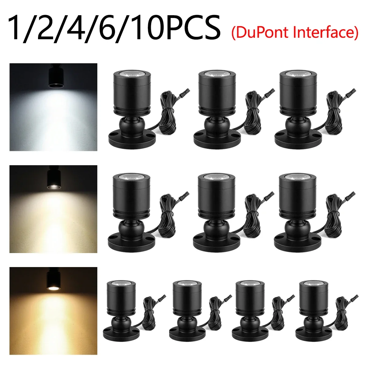 Mini 12V Spot Light 3W 360° Swivel Aluminum Small Spotlight Storage Collection Display Cabinet Decor Lighting, DuPont Interface