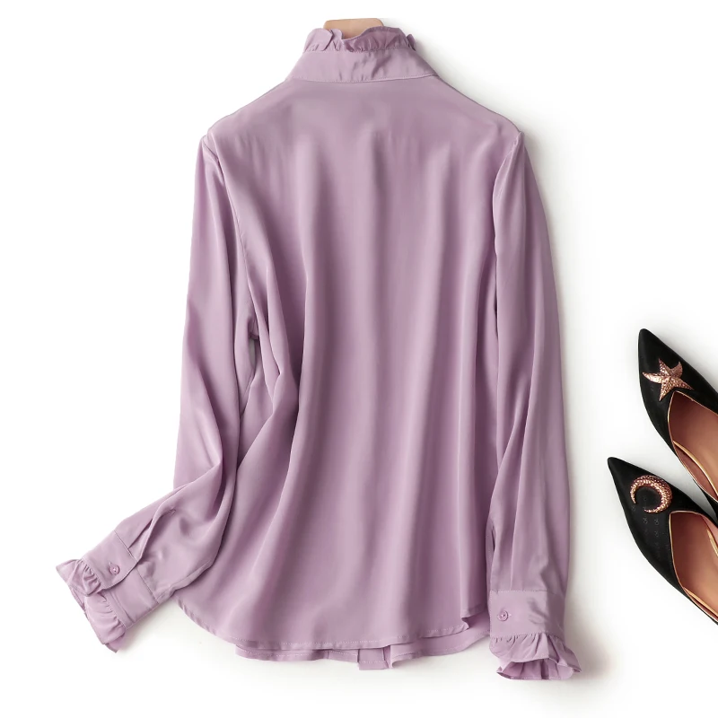 Women Silk Shirt 100% Mulberry Silk Crepe Silk Solid Color Purple Long Sleeve Blouse Top Office Work M L XL FF016