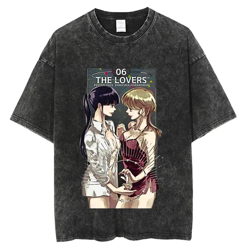Punk Psycho Pass Mens Black Vintage Tshirt Anime Graphic Print Washed TShirt Hip Hop Summer Short