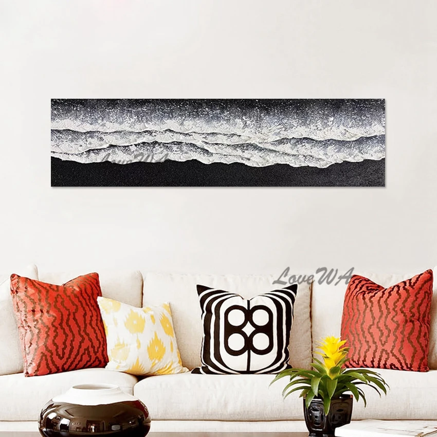 Landscape Drawaing Wall Decoration Black White Thick Acrylic Texture Unframed Art Canvas Picture Abstract Sea Wave Oil Painting