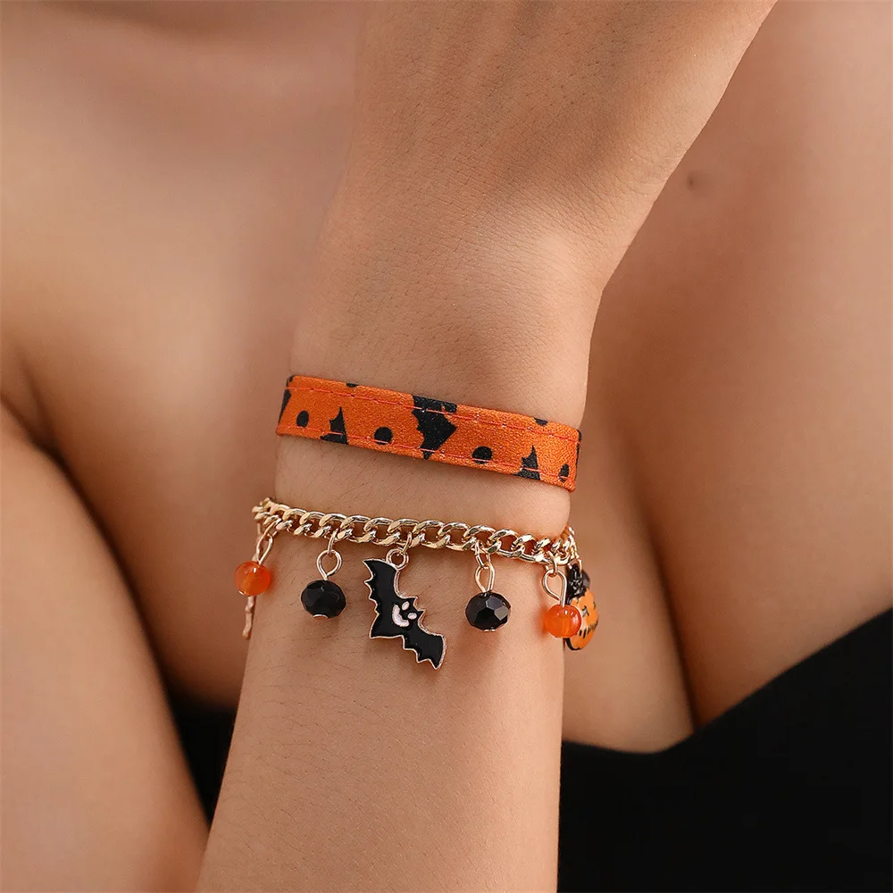 Gothic Halloween Bracelet Seed Beads Metal Vegan Leather Bat Pumpkin Ghost Charm Spooky Jewelry for Girls