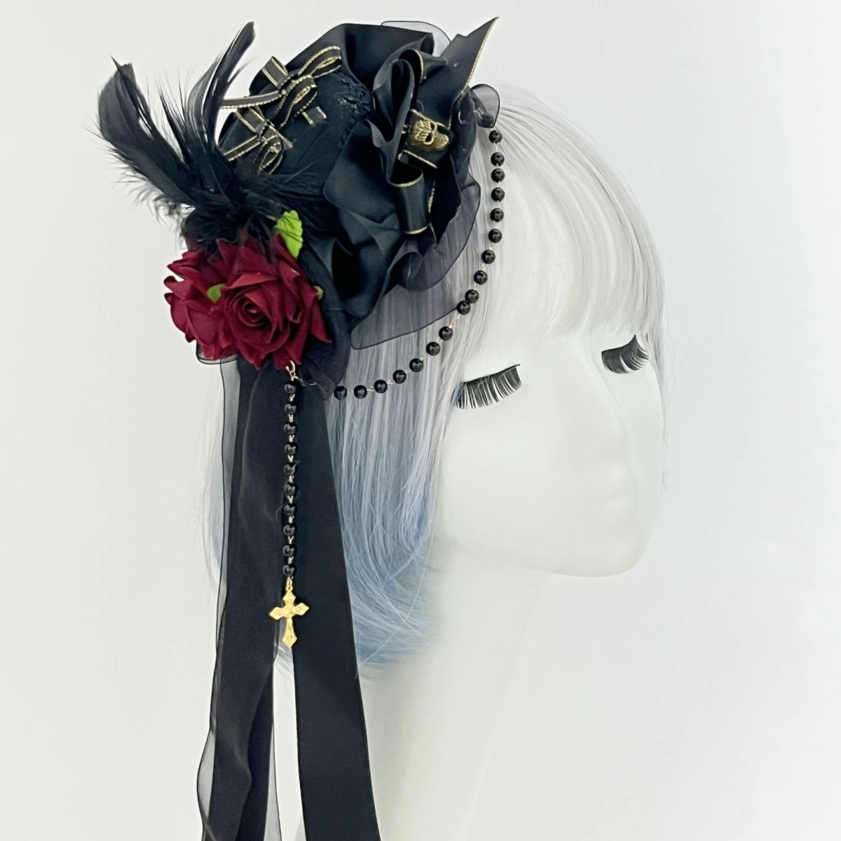 フェザー ゴスロリ 黒帽子 フラワーボール バレッタ ロリータ ヘッドドレス ローズ ロリータ ヘアアクセサリー