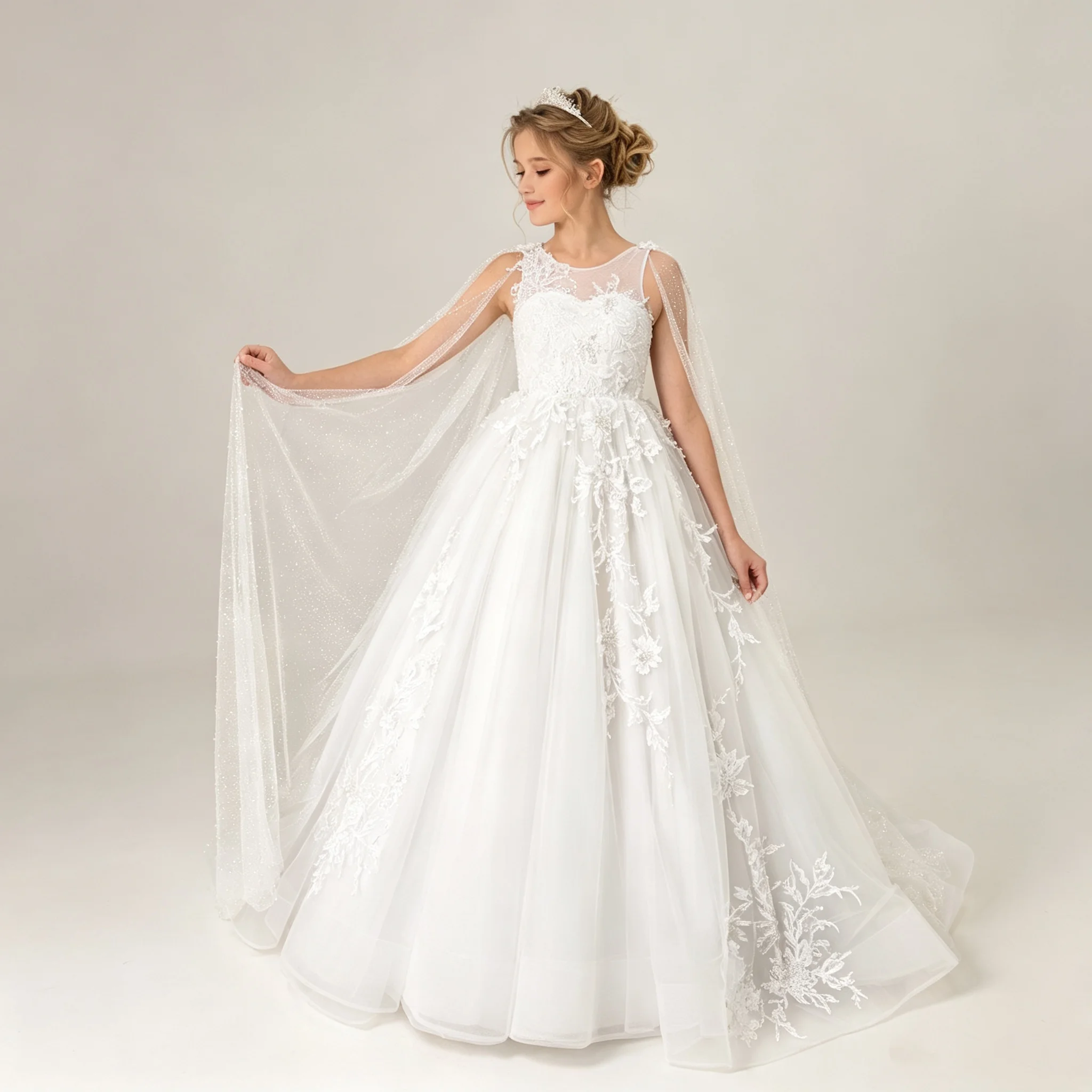 White Tulle Girls Birthday Wedding Dresses Cape Sleeve Lace First Communion Gown Customized Princess Dress
