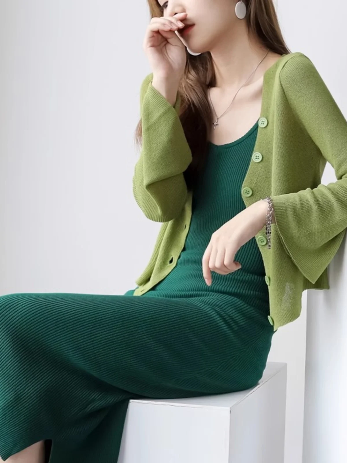 

Avocado Green Ice Silk Knitted Sun Protection Cardigan Thin Summer Outerwear for Women with Strap Dresses Top Korean Style