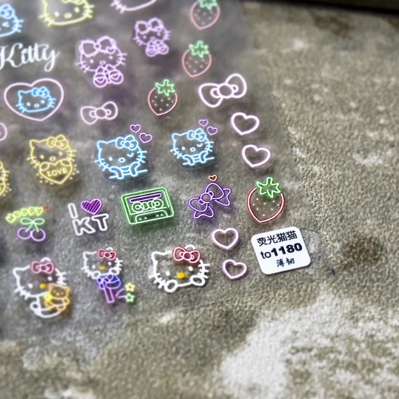 New Adhesive Cute Hello Kitty Nail Stickers 5d Fluorescent Nail Stickers Hello Kitty Melody Decorative Toys