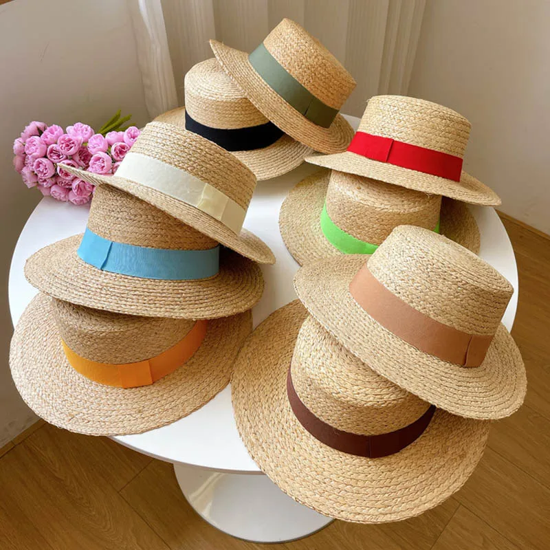 Raffia Boater Hats Women Summer Hat with Ribbon Band flat top Sun Hat Wide Brim Beach Hat Ladies Canotier Hat