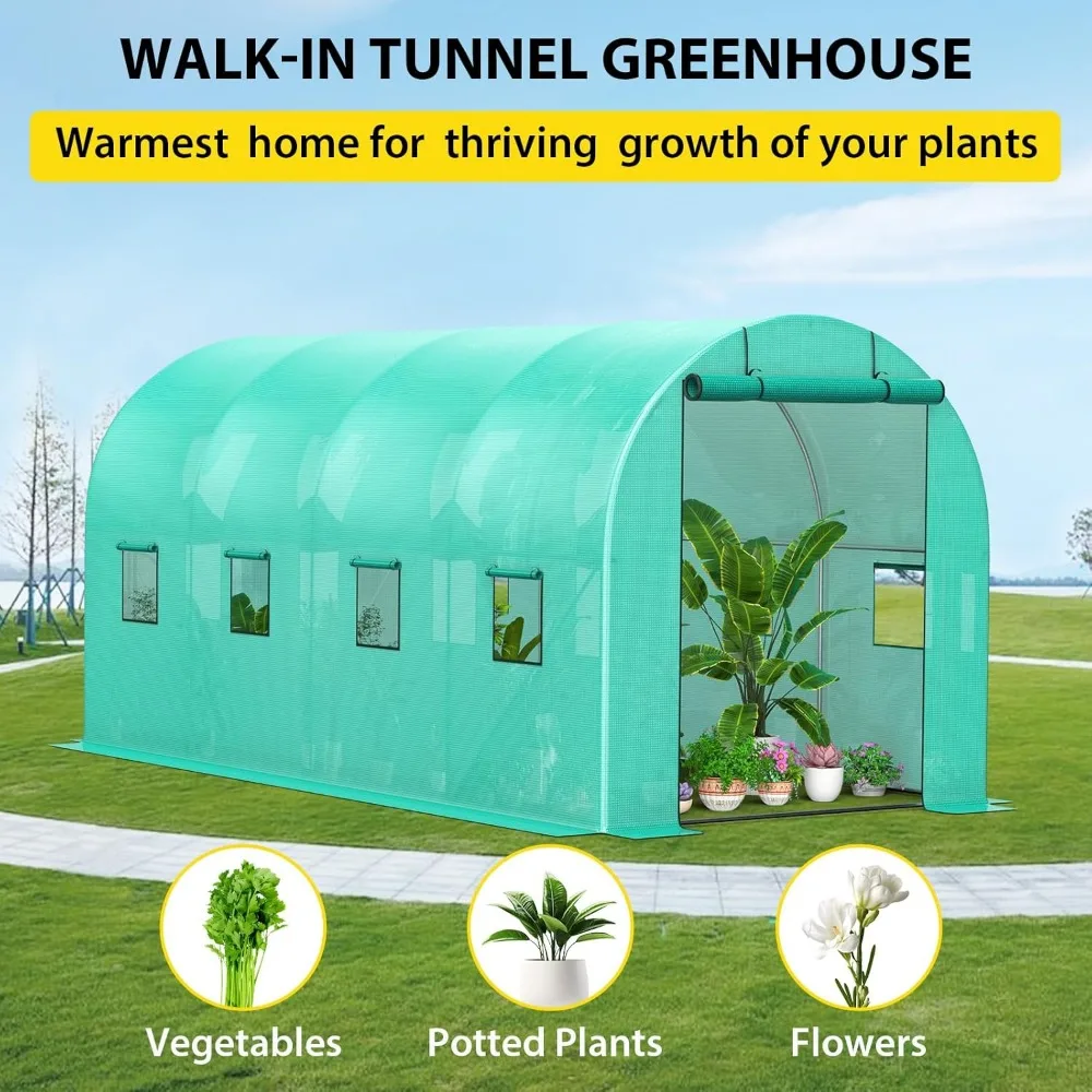 Walk-in Greenhouse with A Roll-Up Zipper Door and 8 Windows, Garden Plant Hot House with Galvanized Steel Frame, Green PE