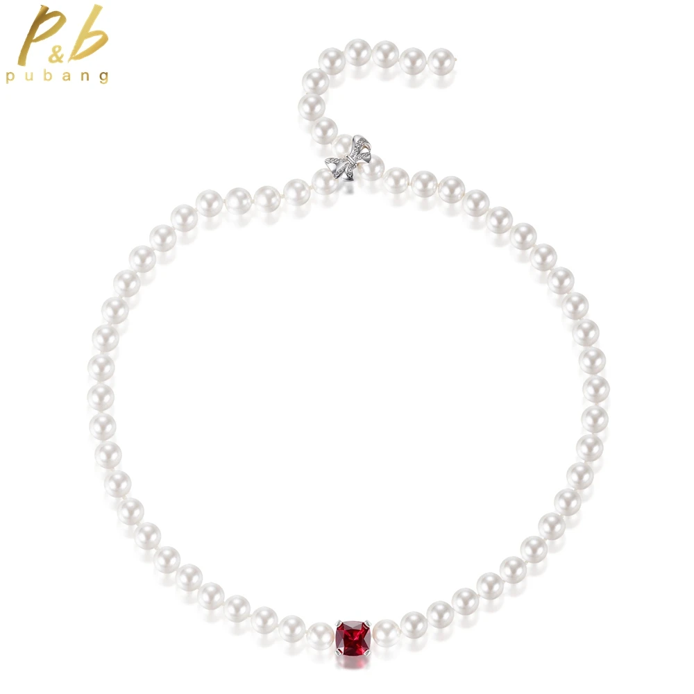 

PuBang Fine Jewelry Ruby Gem Pendant Pearl Necklace 925 Sterling Silver Created Moissanite for Women Wedding Gifts Free Shipping