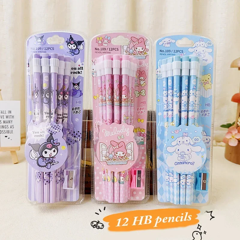 Sanrio Kuromi HB Pencils 12 Pencils & 1 Pencil Roller Stationery Box Set, Student Writing Drawing HB Pencils Sketch Pens