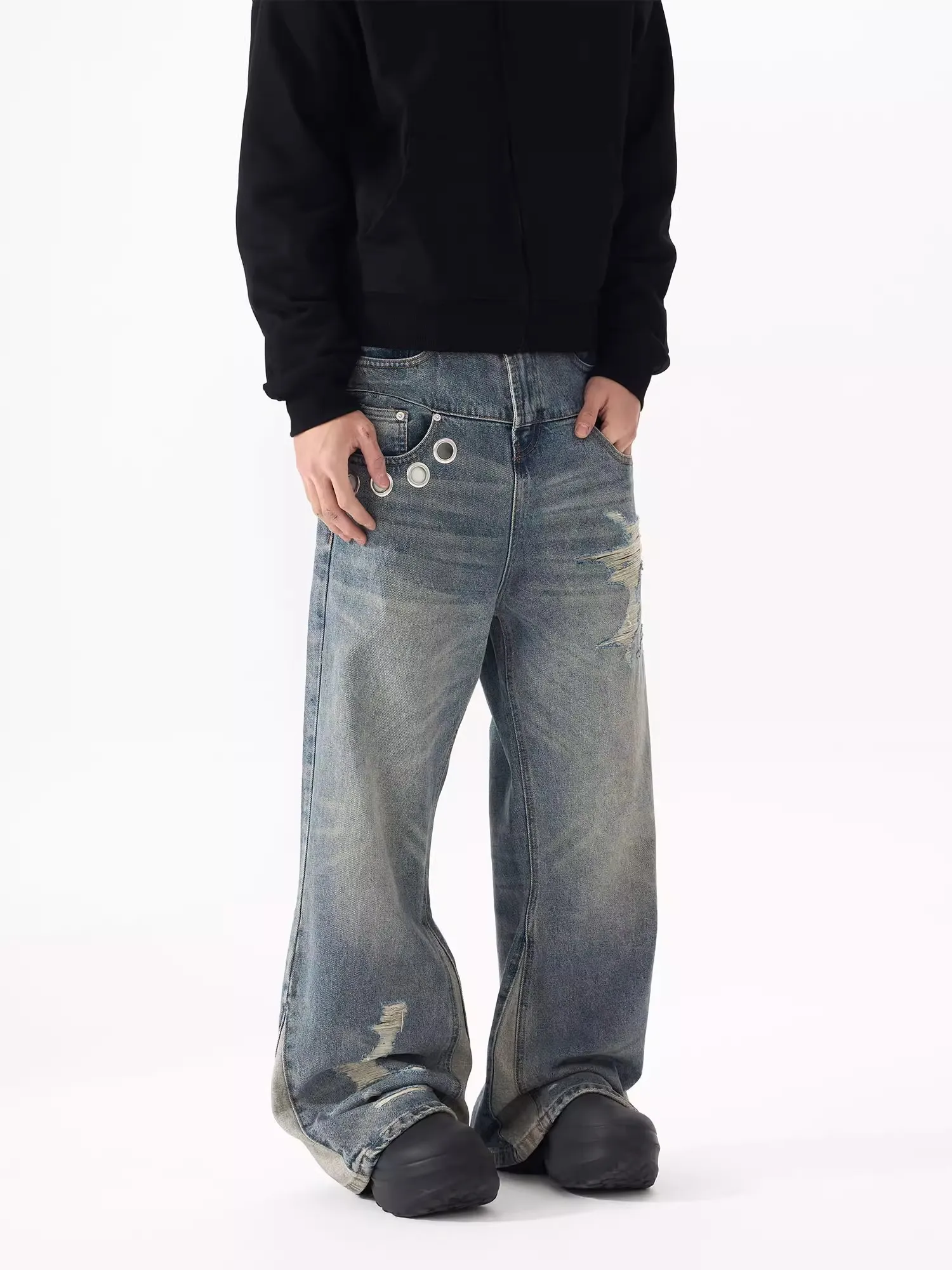 الرجعية الأمريكية تصميم الجينز زوجين مباراة البالية نظرة فضفاضة السراويل الطويلة عارضة مستقيم الساق الجينز الاتجاه الشباب