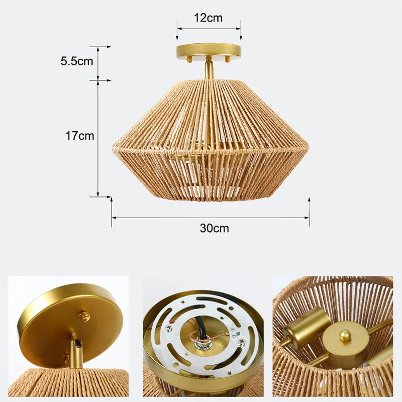 Handmade Rattan Woven American Style Rural Retro Lighting Ceiling Lights Bedroom Corridor Living Room Balcony Ceiling Lamp