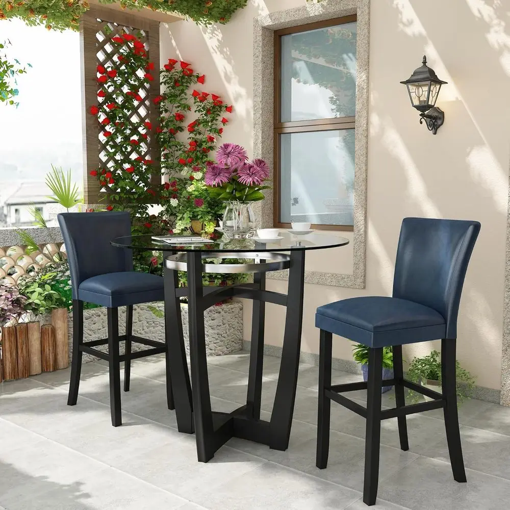

2-Piece 42 Tempered Glass High Bar Table Set with Padded Blue Barstools