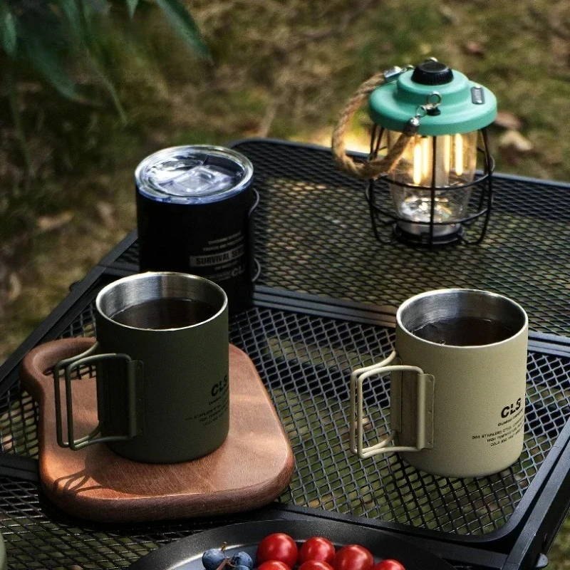 

Outdoor folding water cup 304 stainless steel double-layer thickened 320ml camping insulation tea cup coffee cup