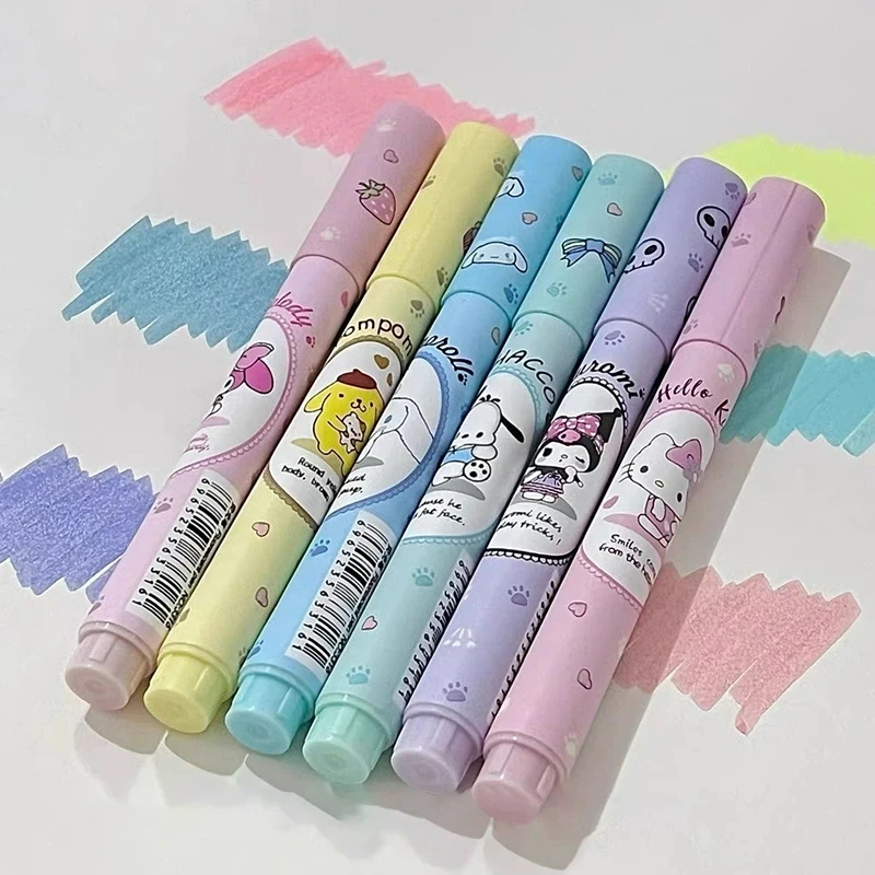 6 ชิ้น/กล่อง Sanrio Hello Kitty Highlighter ชุดปากกา Kawaii Kuromi Melody Cinnamoroll Art เรืองแสงเครื่องหมายปากกาโรงเรียนเครื่องเขียน