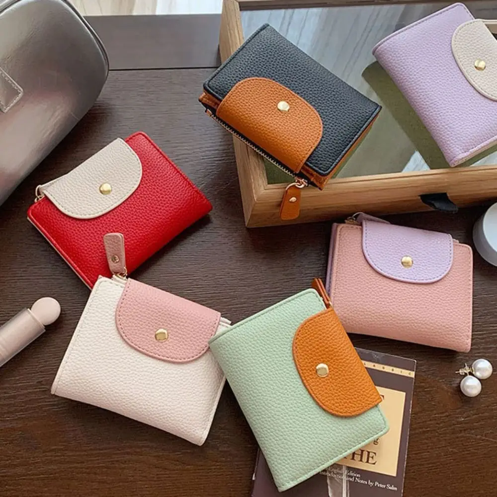 Zipper Contrast Color Wallet Korean Style Snap Button Solid Color Coin Purse Solid Color Storage Bag PU Card Holder Outdoor