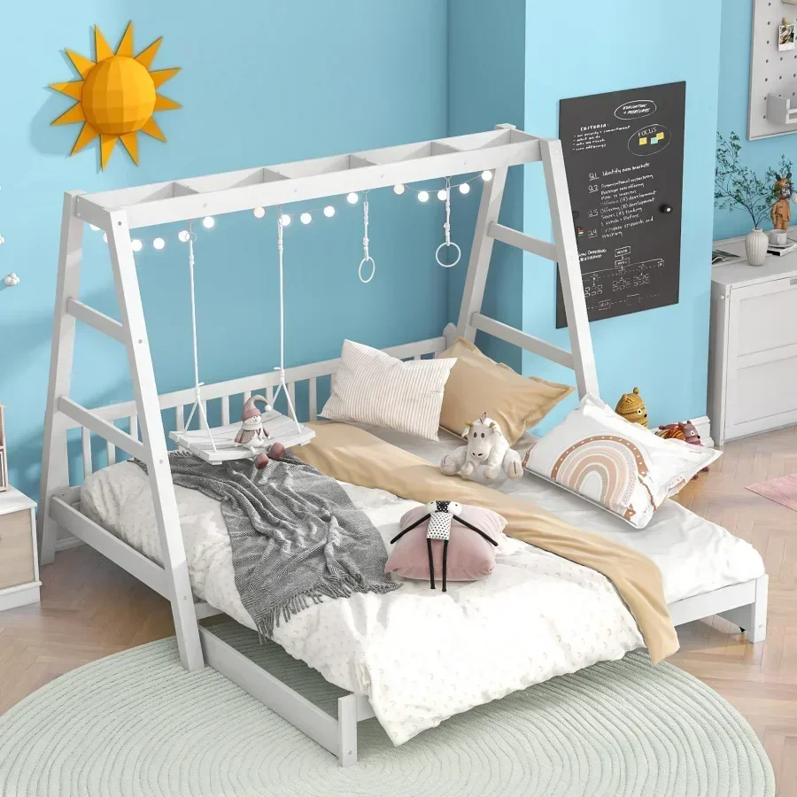 Space-saving Design Bed,Extendable Twin Daybed with Swing and Ring Handles,No Box Spring Required,Suitable For Bedroom