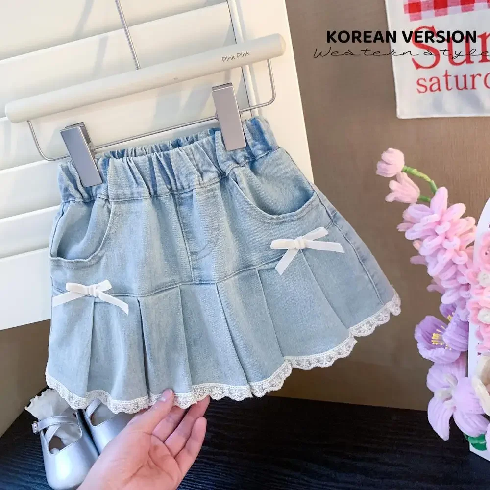 

2024 Korean Baby Girls Summer Clothing Denim Pleated Skirts Fashion Kids Children Birthday Casual Clothes Skirt Ropa Robe Ans