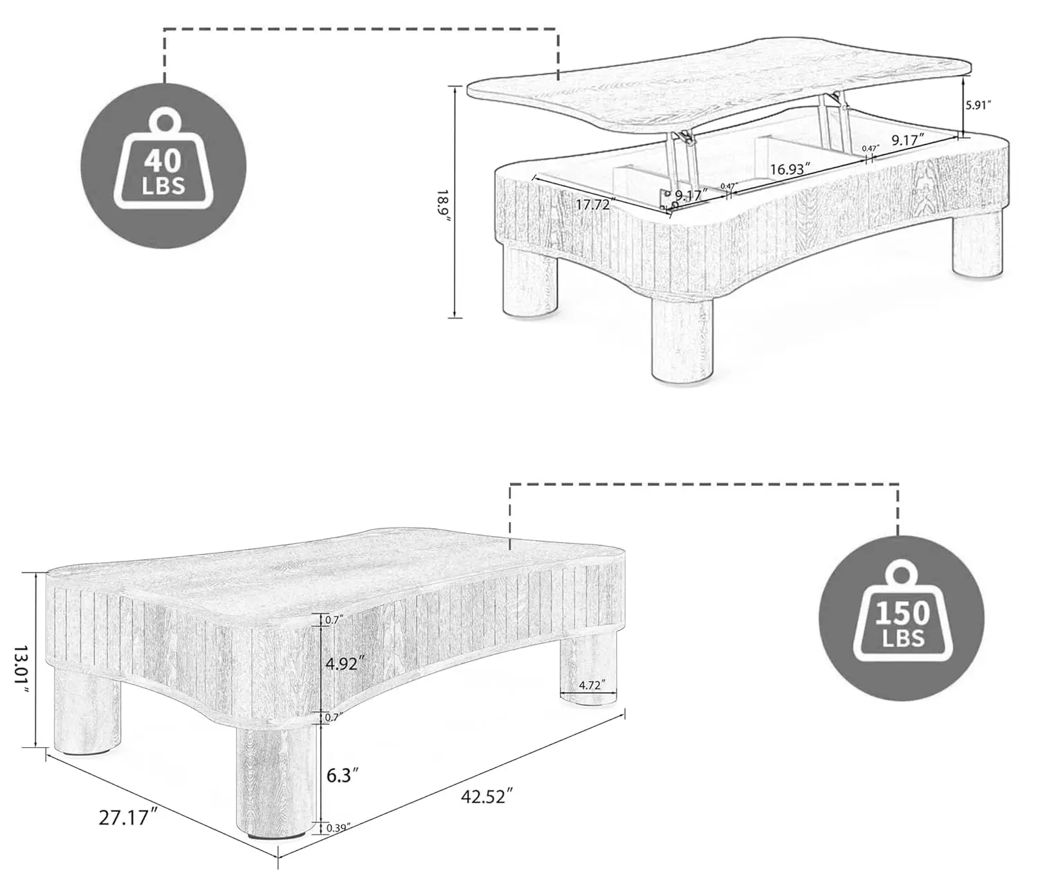 طاولة قهوة على شكل سحابة مقاس 42 بوصة مع مساحة تخزين مخفية ومفتوحة، طاولة مركزية حديثة مع آلية رفع هيدروليكية، غير منتظمة