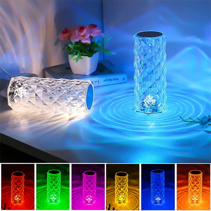 Rose Crystal Lamp USB Rechargeable Touch 16 Color RGB Atmosphere Lamp Decorative Desk Lamp Bedroom Bedside Room Night Light