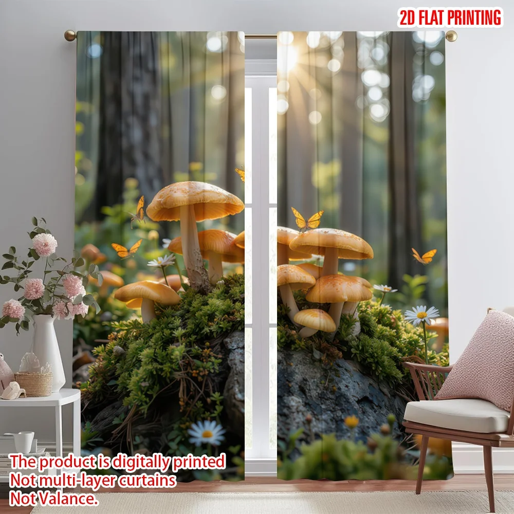 

2D flat printing 2pcs Party Curtain Autumn Forest Mushrooms Digital Printed Polyester Drapes Festive Wall Decor for Indoor