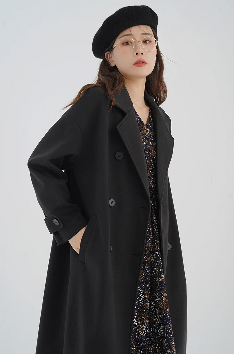 Lady Elegant Wool-like Coat Women Vintage Long Overcoat Black Lapel Jacket Warm Stylish Daily Wear Chic Cold-Season Outfits