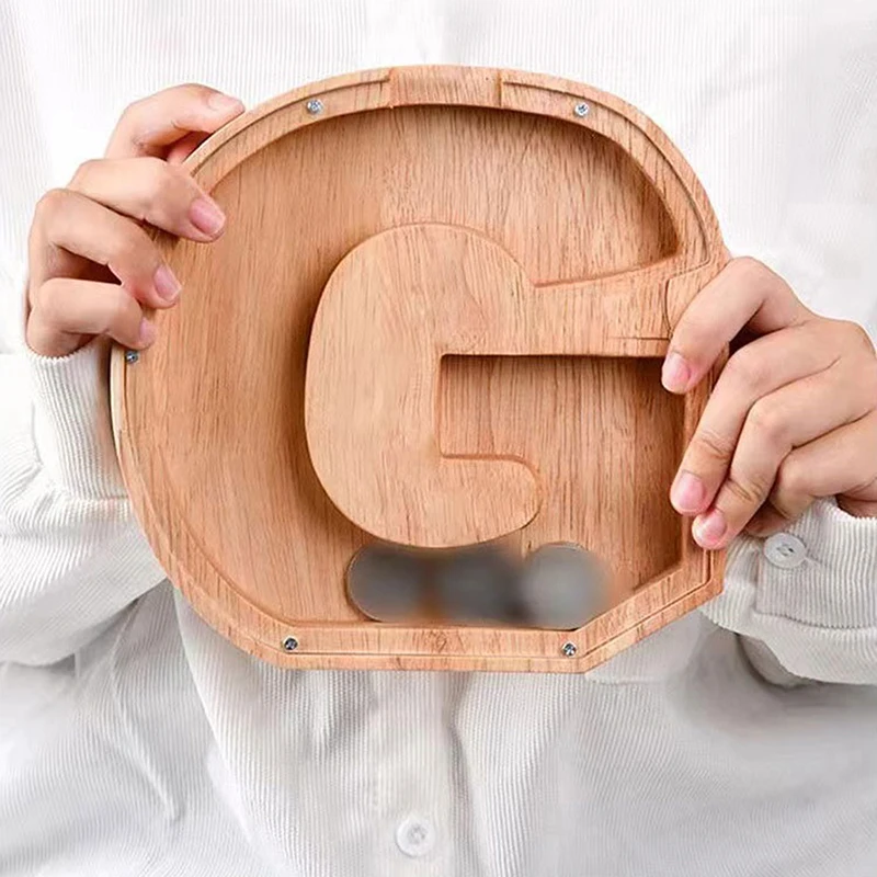 بنك أصبع المال للأطفال ، صندوق حفظ الحروف الخشبية ، زخرفة سطح المكتب ، مشغولات ديكور منزلية ، نقود عملات معدنية ، 26 أبجدية