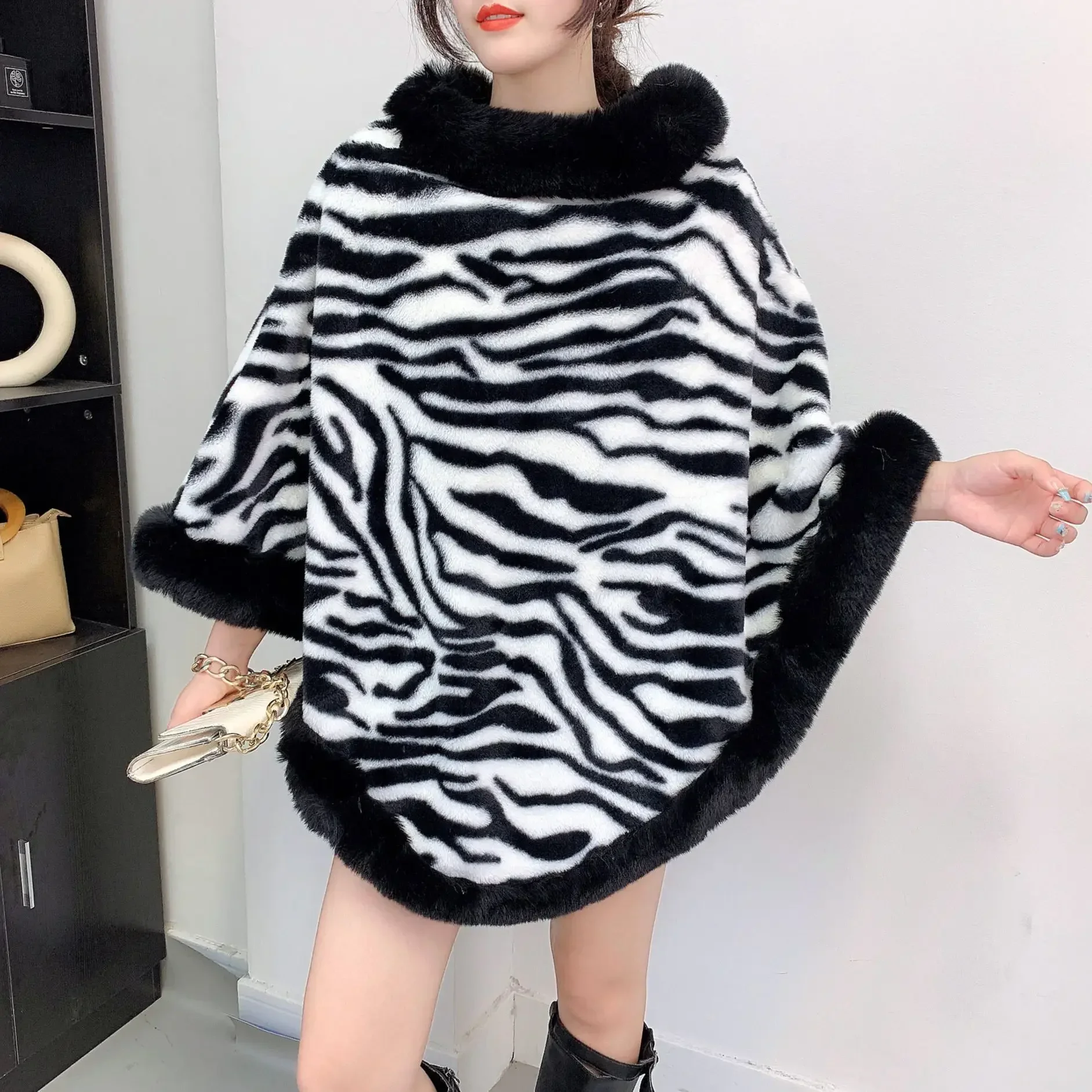 

4 Colors Women Faux Fur Knitted Long Triangle Out Streetwear Shawl Overcoat Winter Thick Loose Party Poncho Cape Zebra Cloak
