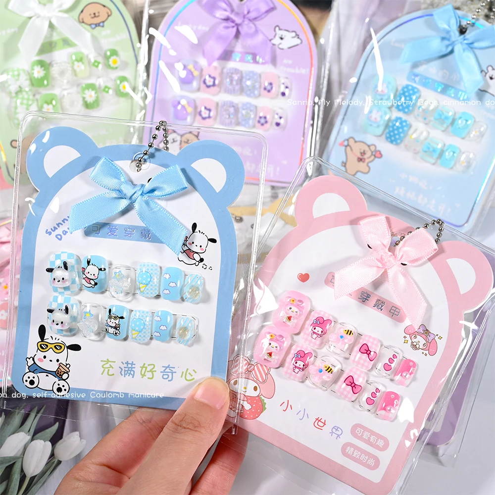 12pcs Sanrio Cute Cartoon Anime Press-on Nails Kuromi Cinnamoroll My Melody False Nails Kawaii Kids Full Acrylic Fake Nail Tips