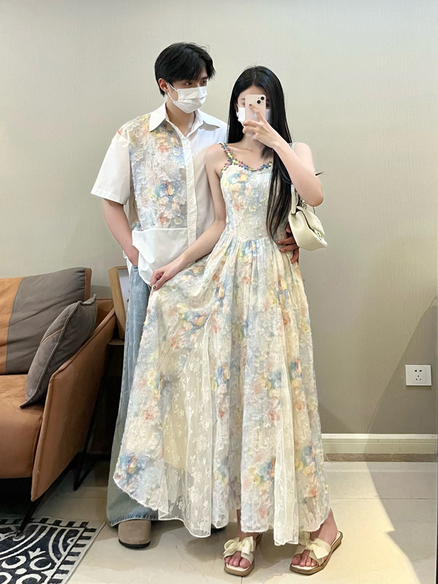 Camisa de Manga Curta Estilo Praia para Casal, Conjunto de Verão de Alta Qualidade com Vestido Halter Estampado Floral para H...