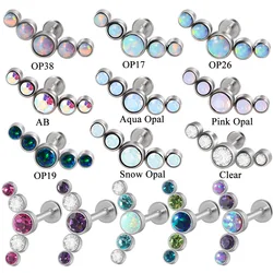 1PC Surgical Steel 5 Stone Opal Crystal Gem Labret Lip Stud Weld Flat Base Tragus Cartilage Helix Earring Piercing Jewelry
