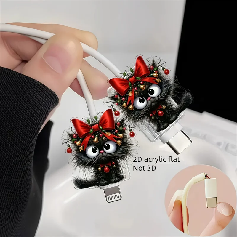 2D Flat 2pcs Cute Black Cat & Red Bow Design Acrylic Phone Cable Protector Data Line Protection Kit For iPhone/Type-C