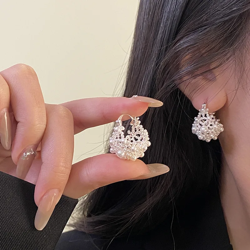 

Fairy Sweet Pearl Hollow Flower Basket Stylish Elegant Earrings