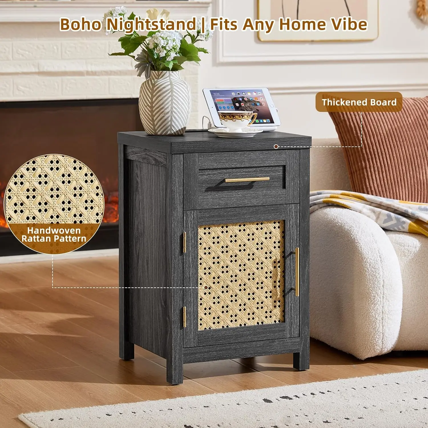 Rattan Nightstand Set of 2 with Charging Station, Boho Bedside Table
