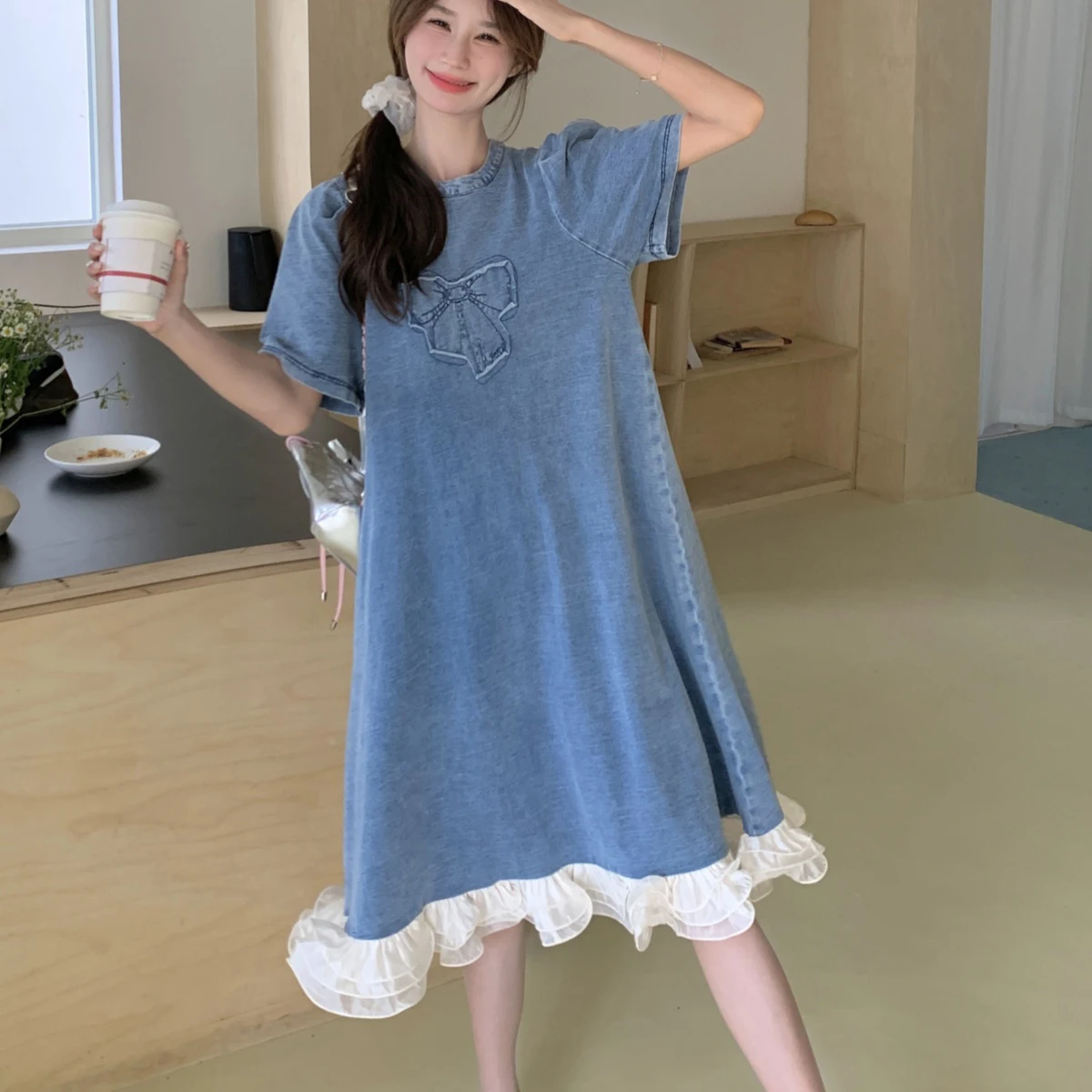 

Blue Bow Pattern Denim Splicing White Lace Edge Dress Women's Summer New Gentle Design Sweet Mid-Lenght Cowboy A-line Dresses