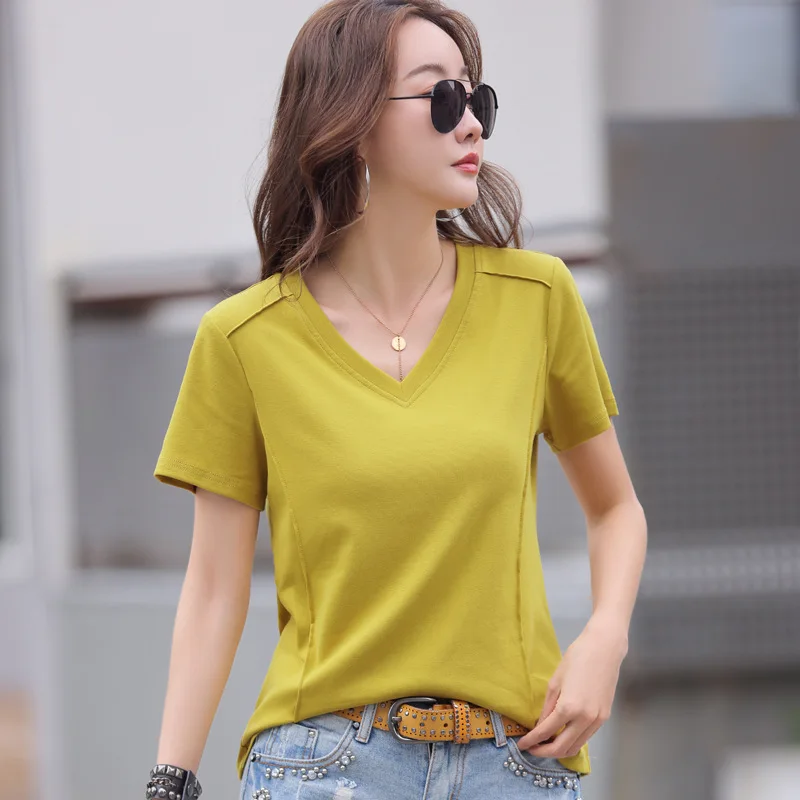 New 2024 T Shirt Women Summer Short Sleeve V-neck Design Soft T-shirt Basic Casual Female Tshirt 5 Colors Fashion Tops Tees